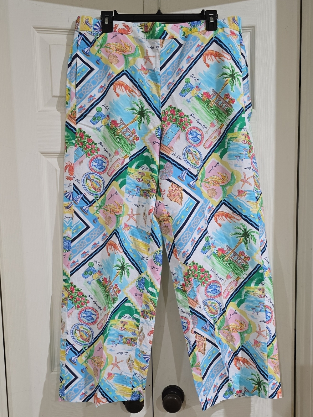 EUC-Talbots Tropical Scene Print Pants - White, Blue, Pink, Green